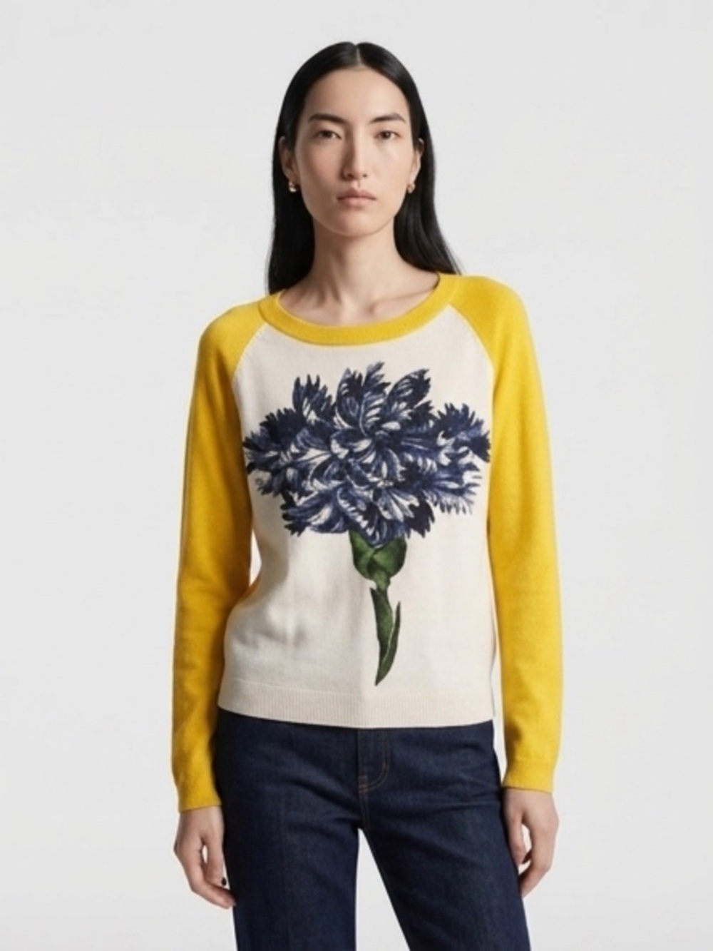 SAMANTHA SUNG Yellow-Sleeve Lightweight Cashmere Sweater with floral front motif
